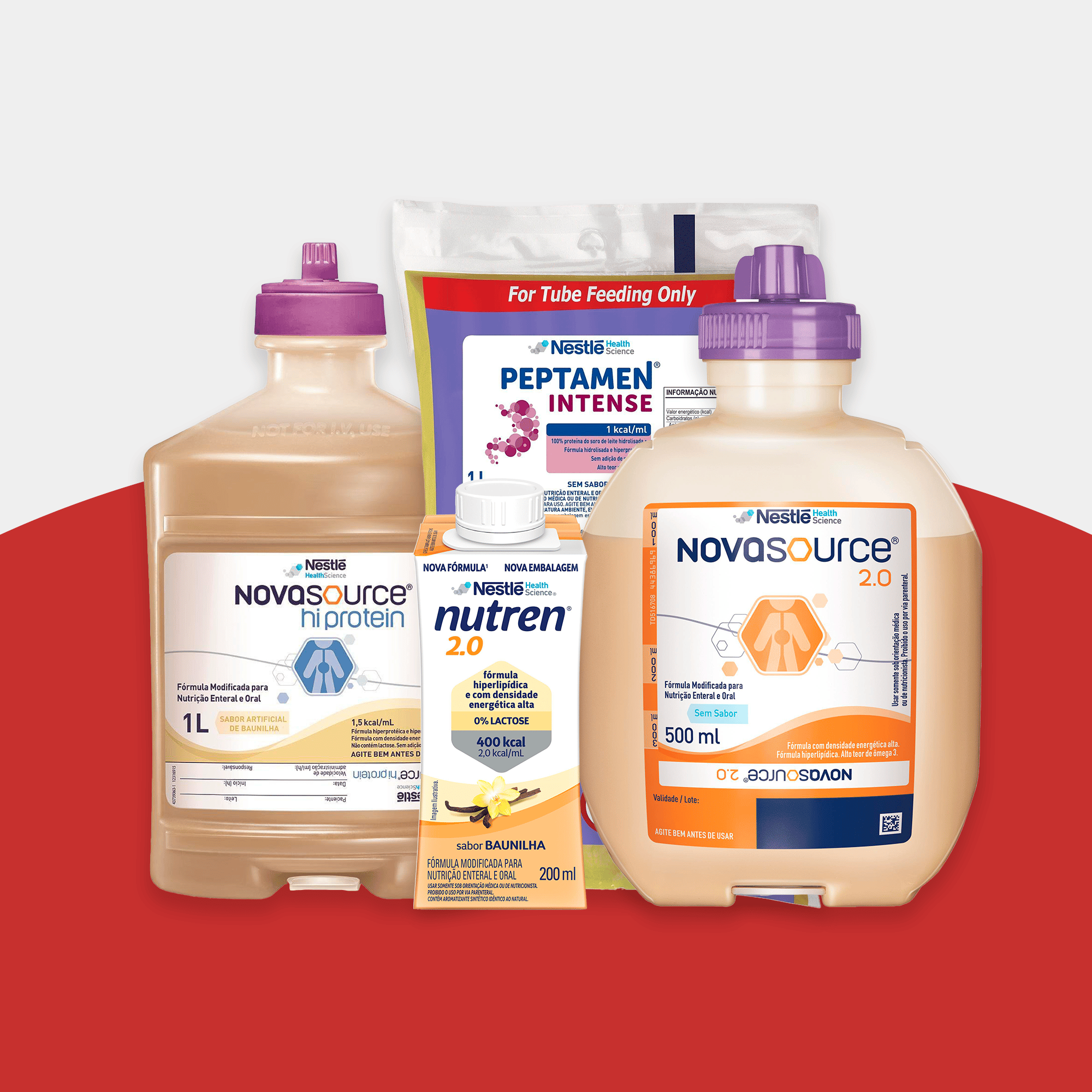 Dietas em sistema fechado e suplementos: Novasource Hi Protein, Peptamen Intense, Nutren 2.0 e Novasource 2.0